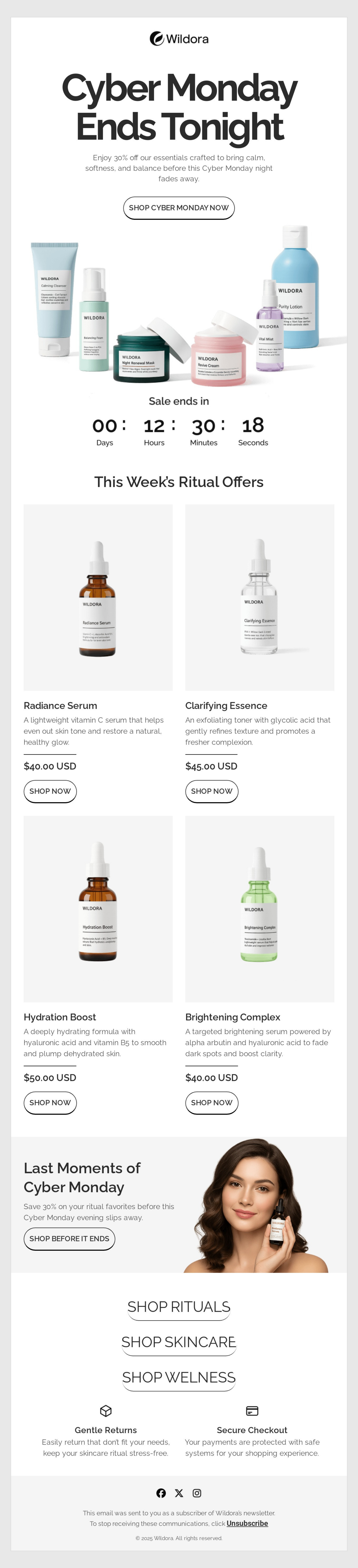 An email template with inverted pyramid design for cosmetic brands.